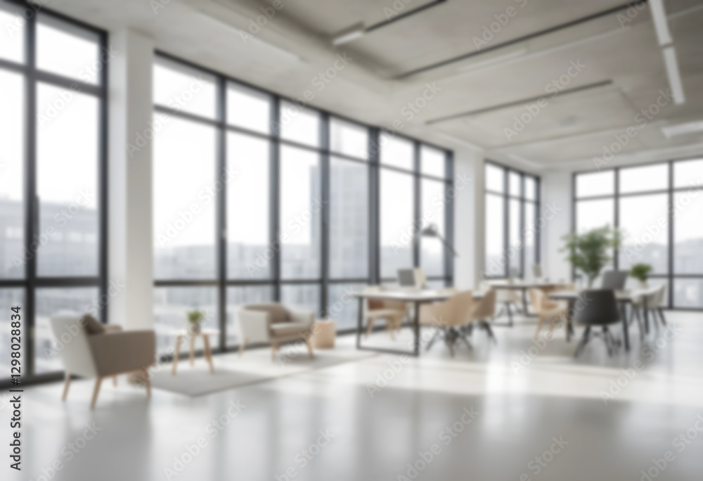 Fototapeta premium A blurred modern office interior with panoramic windows and soft natural lighting. A minimalistic, bright workspace with an airy and professional atmosphere.