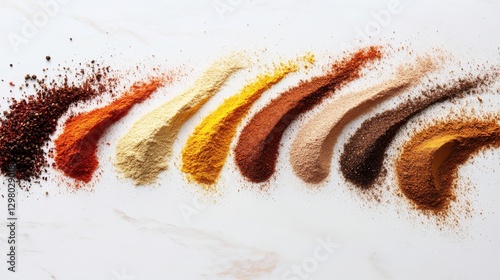 Assorted Spice Powders Swirling on White Surface