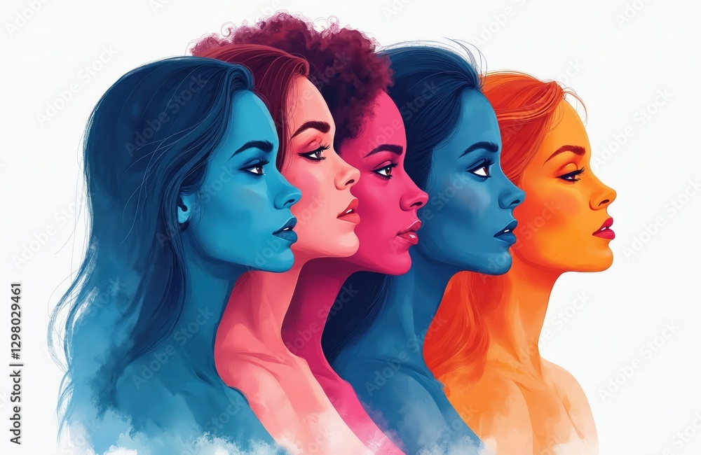 Obraz premium Diverse women illustration. Five multiethnic female portraits in row. Equality, female empowerment concept. Variety of skin tones, hairstyles. Colorful artistic female faces, strong confident look,