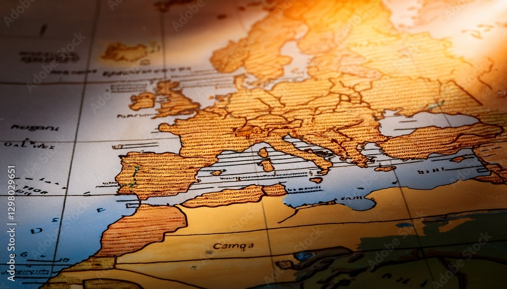 Obraz premium Macro map detail shot: countries, rivers, mountain ranges in sharp focus. Captivating cartographic texture. Ideal for travel, history, and background designs