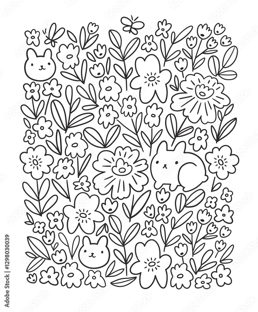 Fototapeta premium Flowers and bunny coloring page. Cute line animal illustration. Rabbit design in hnad-drawn style. Bunny card template