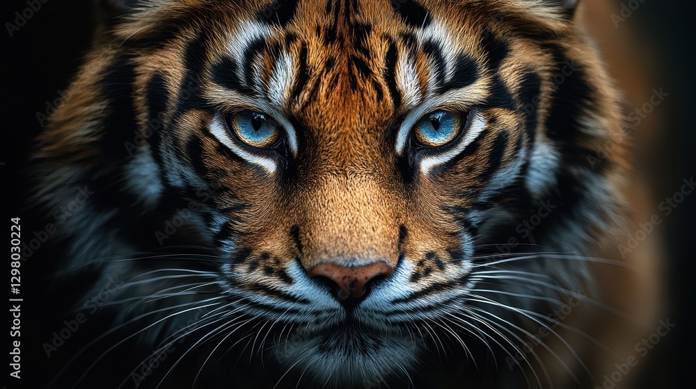 Fototapeta premium Dramatic pet portrait gaze concept. A close-up of a majestic tiger with piercing blue eyes, showcasing its vibrant orange and black fur, exuding strength and authority.