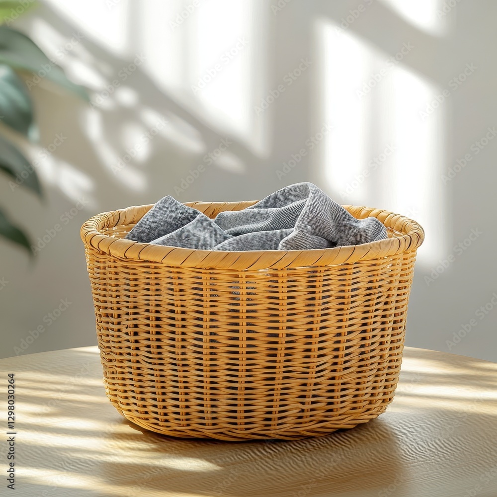 Obraz premium Beige Wicker Basket with Gray Fabric on Wooden Table
