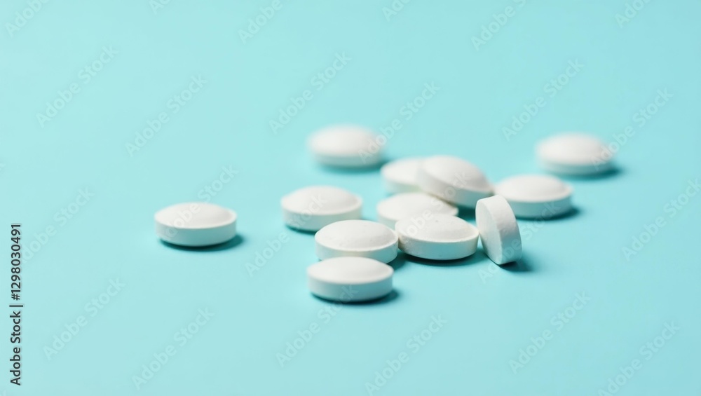 Electrolytes Tablets. Pills are scattered on blue surface with few white ones Electrolytes Tablets. Pills are scattered on blue surface with few white ones