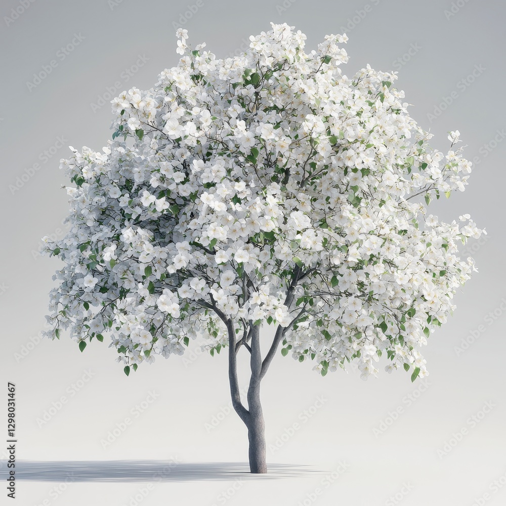 Fototapeta premium Blossoming White Flower Tree on Light Gray Background