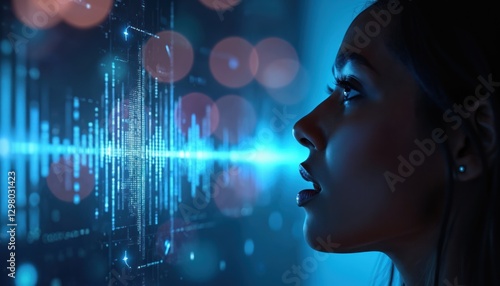 Side view of woman with open mouth, blue face, soundwave graphics voice recognition tech. AI processes speech, enables natural language interaction, dictation, authentication, smart assistance, photo