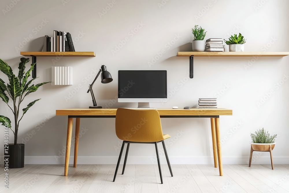 Fototapeta premium Bright Minimalist Home Office Interior with Wooden Desk and Yellow Chair