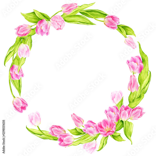 Wallpaper Mural Watercolor pink tulip wreath. Composition for postcards, greeting cards, posters, invitations. Spring, Wedding, Mother's Day, Easter, Women's Day, Birthday. Hand drawn illustration.
 Torontodigital.ca