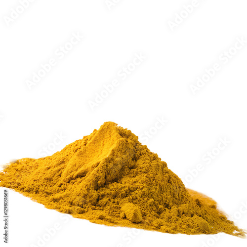 Close-up of a vibrant pile of turmeric powder  transparent background