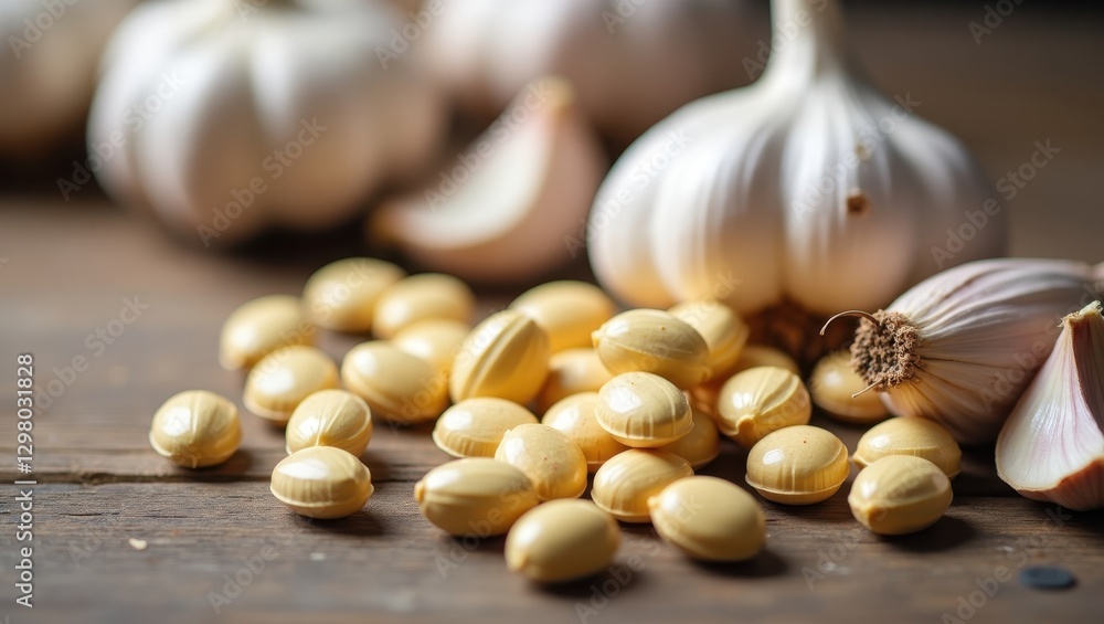 Garlic Supplements. Garlic is next to cloves of garlic on table Garlic Supplements. Garlic is next to cloves of garlic on table
