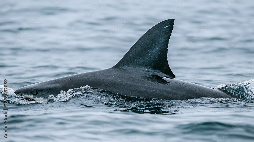 Fototapeta premium dangerous shark's fin emerging from the ocean, symbolizing danger and nature's power, with blurred vacationers in the background enjoying the water