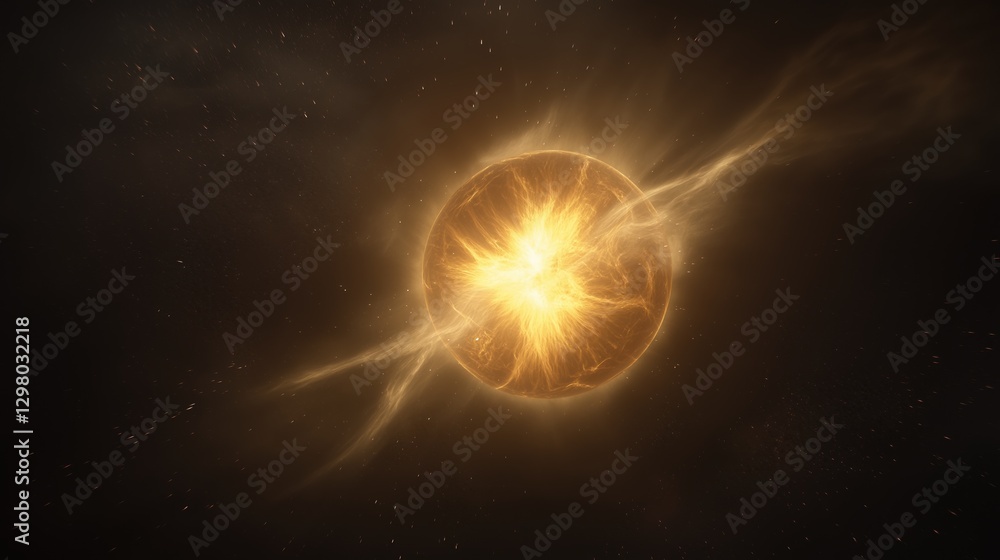 Obraz premium Digital illustration of a bright orange and yellow sun with a black background. the sun appears to be in the center of the image, with a circular shape and a bright yellow center.