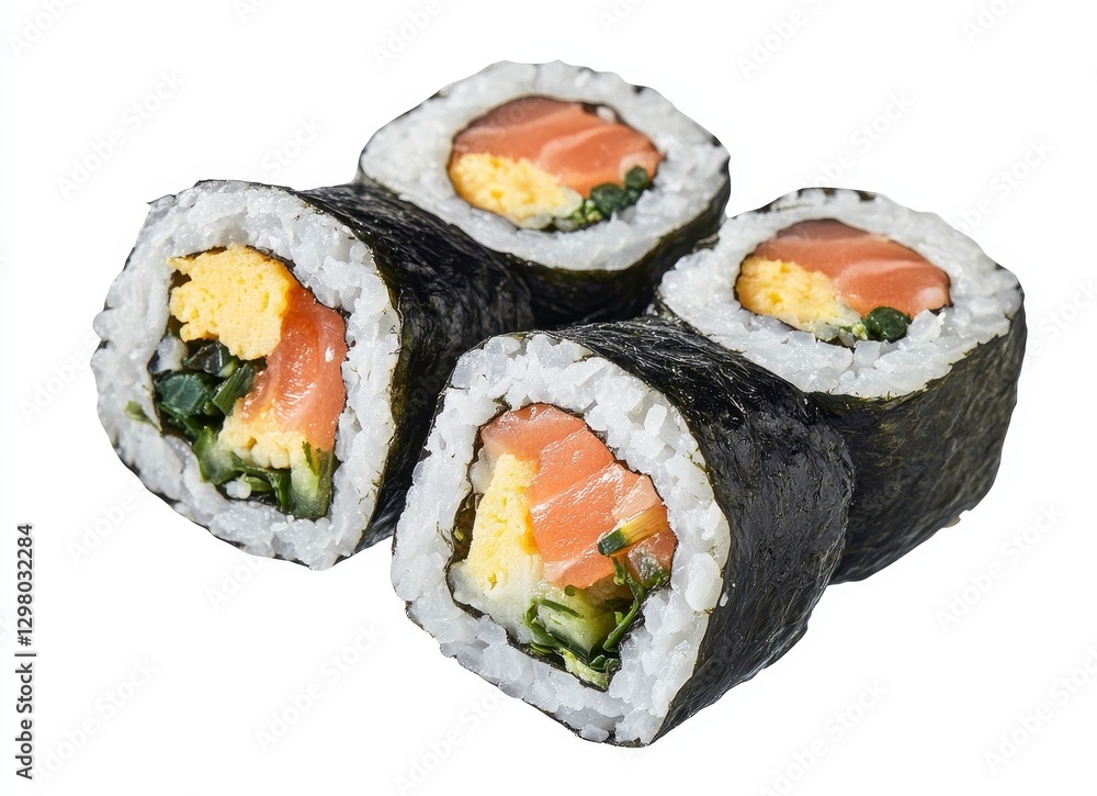Close Up of Four Pieces of Salmon Sushi Rolls on White Background Close Up of Four Pieces of Salmon Sushi Rolls on White Background