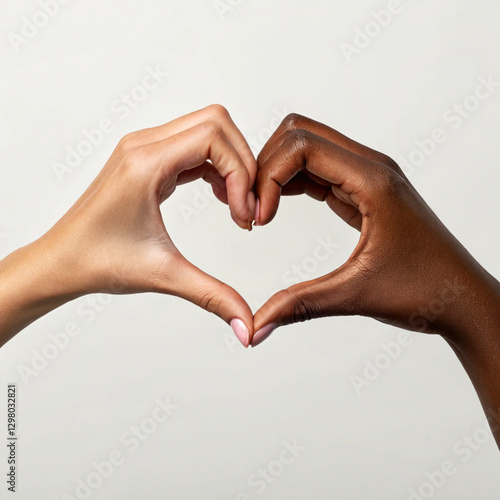 Two diverse hands forming a heart shape symbolizing love, unity, and diversity. Perfect for social campaigns, inclusion, and human connection themes.