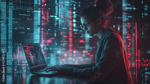 ノートPCを使った未来的なデジタル作業シーン | ホログラフィックUIとサイバーテクノロジー
Futuristic Laptop Work Scene | Holographic UI & Cyber Technology