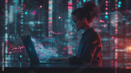 ノートPCを使った未来的なデジタル作業シーン | ホログラフィックUIとサイバーテクノロジー
Futuristic Laptop Work Scene | Holographic UI & Cyber Technology