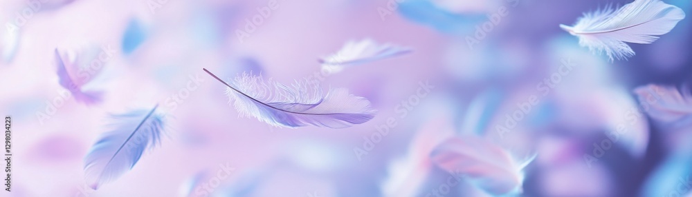 Obraz premium Soft Pastel Purple and Blue Feathers Float Gently in a Dreamy Ethereal Background, Creating a Serene and Peaceful Atmosphere. The Delicate Texture