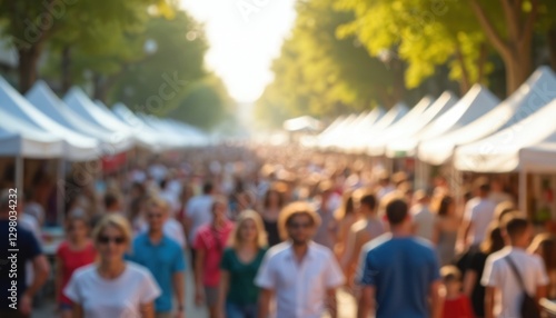 Wallpaper Mural Blurred motion of street festival with tents, crowds. Suitable for city cultural events, community themes. Defocused abstract background with bokeh, vibrant colors, people walking. Festive summer Torontodigital.ca