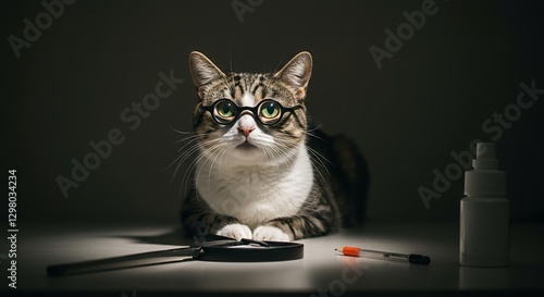 A Curious Cat Detective Wearing Glasses and Examining Clues with Magnifying Glass on a Table