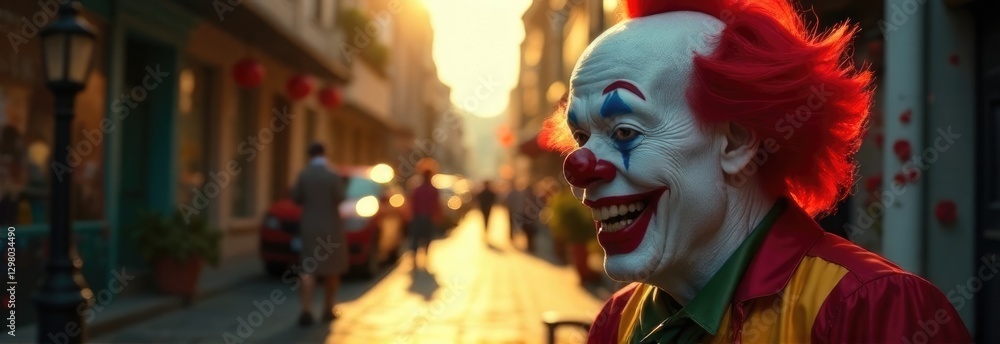 Naklejka premium the clown is smiling, the background is a street in the background, a city, a street, a free space for text