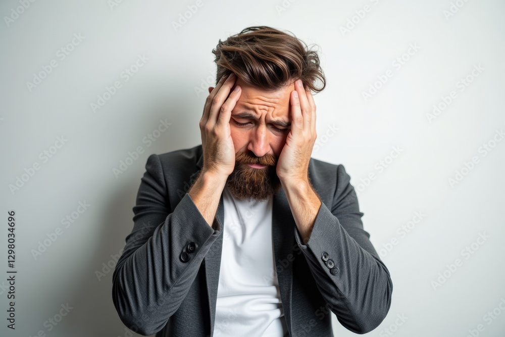 Frustrated Caucasian Man in His 30s with a Beard Wearing a Suit, Grasping His Head in Dispair Against a Plain White Background, Conveying Feelings of Stress and Anxiety Frustrated Caucasian Man in His 30s with a Beard Wearing a Suit, Grasping His Head in Dispair Against a Plain White Background, Conveying Feelings of Stress and Anxiety