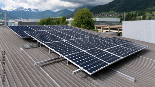 Rooftop solar panels generating clean energy, mountain backdrop, industrial area