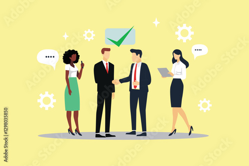 Business Meeting Concept. Vector cartoon full-length illustration in a flat style of business people with two men in suits in the center shaking hands. Isolated on background