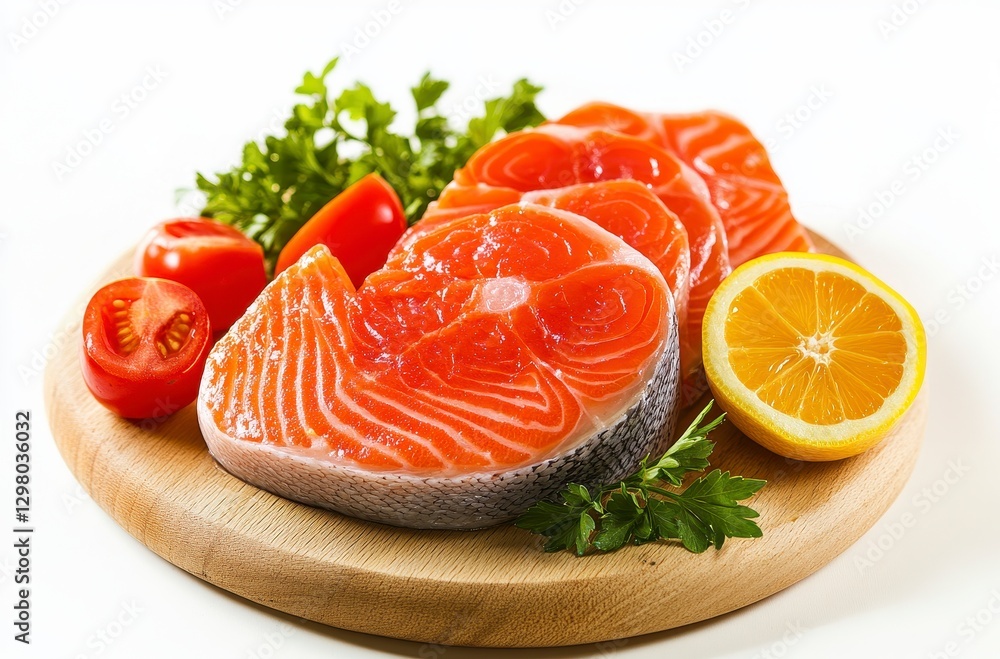 Fresh Salmon Fillets with Lemon and Tomatoes on Wooden Board Fresh Salmon Fillets with Lemon and Tomatoes on Wooden Board