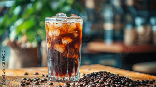 Iced coffee in a tall glass, ice cubes, coffee beans on the side, refreshing drink, outdoor setting, summer vibes, people socializing, vibrant colors