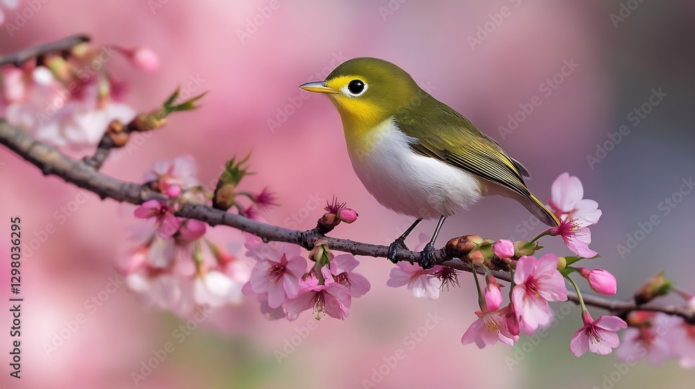 Charming Japanese White eye perched on a delicate cherry blossom branch its bright yellow green feathers glowing against the soft pink petals Charming Japanese White eye perched on a delicate cherry blossom branch its bright yellow green feathers glowing against the soft pink petals