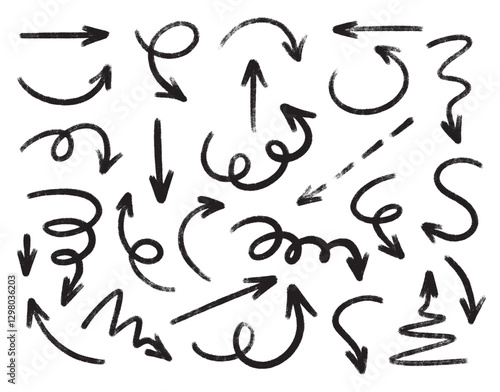 Black crayon arrow collection with curved and straight, spiral and zigzag, circular, wavy directional pointers. Vector hand drawn brush stroke for presentation, infographics or educational materials.