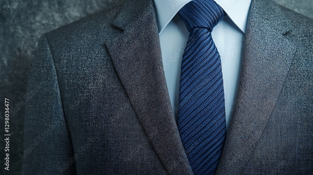 A close-up of a tailored suit featuring a textured blazer and a blue tie, conveying elegance and professionalism. A close-up of a tailored suit featuring a textured blazer and a blue tie, conveying elegance and professionalism.