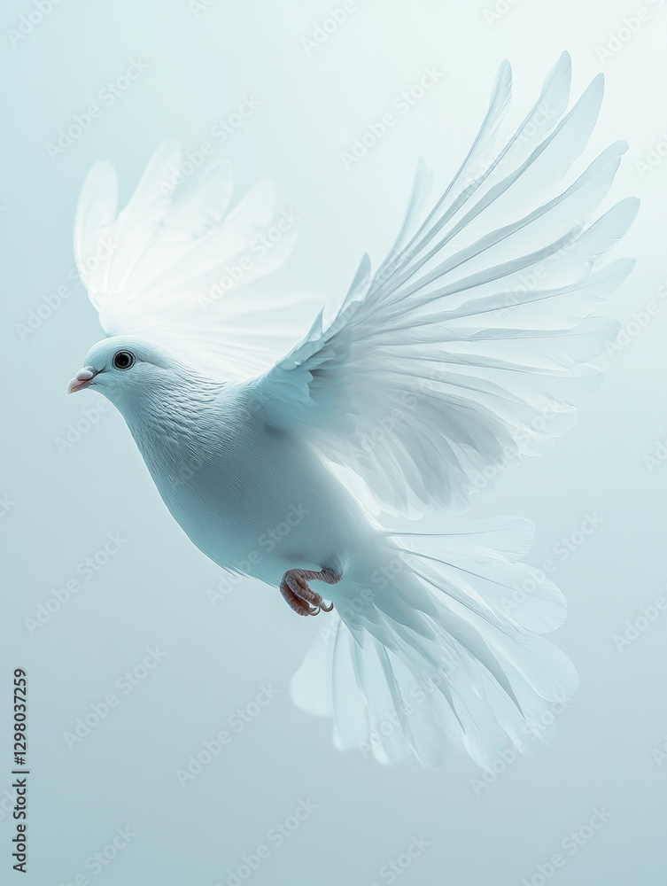 Fototapeta premium A white dove in flight with spread wings against a soft background.