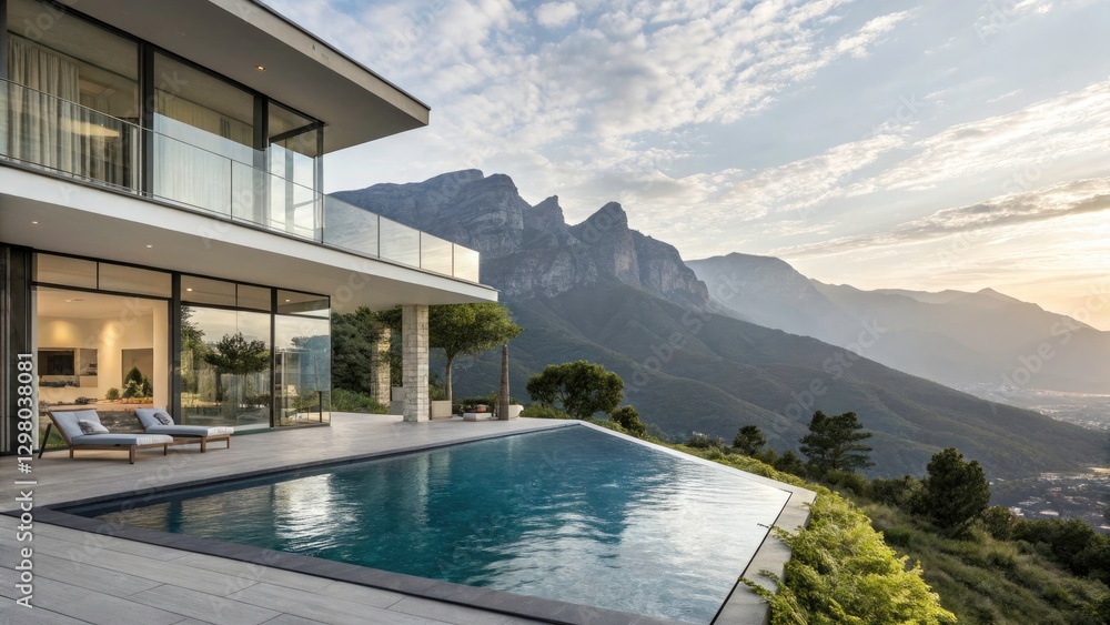 Fototapeta premium Futuristic Mountaintop Home Infinity Pool Architectural Visualization - Sleek Modern Design