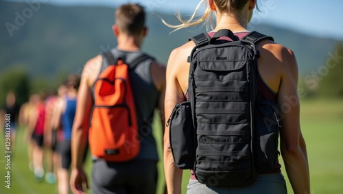 Rucking. Back of woman with backpack walking on field
