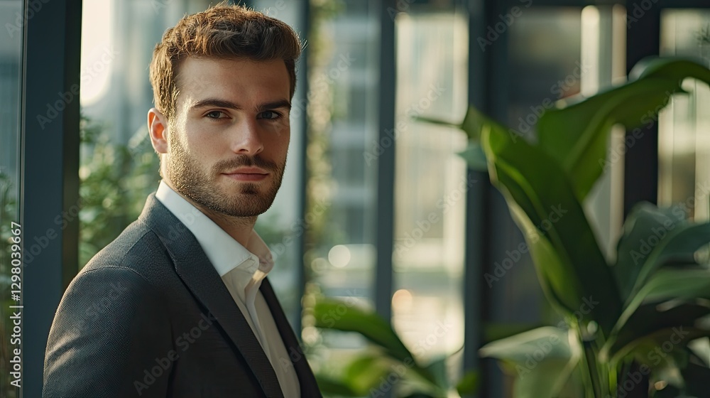 Handsome young man in a suit standing by the window of a modern office building, with houseplants in the background Handsome young man in a suit standing by the window of a modern office building, with houseplants in the background