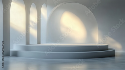 Intimate, white circular stage set upon a muted gray floor; elegantly angled to the right, its smooth surface invites attention and wonder in close-up detail photo