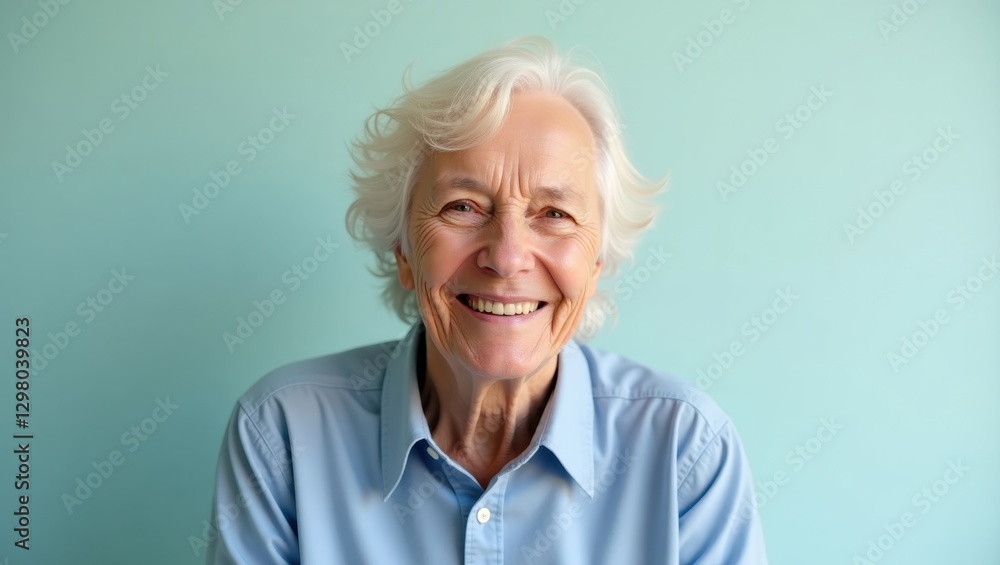 Sarcopenia. Older woman is smiling and wearing blue shirt Sarcopenia. Older woman is smiling and wearing blue shirt