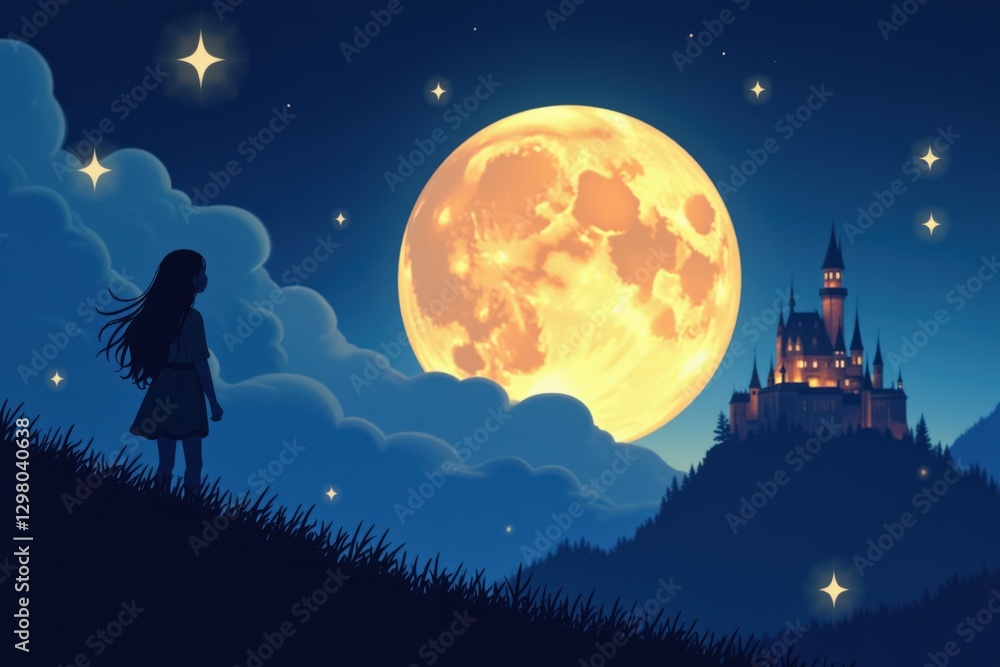 A Dreamy Landscape Featuring a Young Girl Silhouetted Against a Majestic Full Moon and a Enchanted Castle in the Distance, Evoking a Sense of Wonder and Imagination A Dreamy Landscape Featuring a Young Girl Silhouetted Against a Majestic Full Moon and a Enchanted Castle in the Distance, Evoking a Sense of Wonder and Imagination