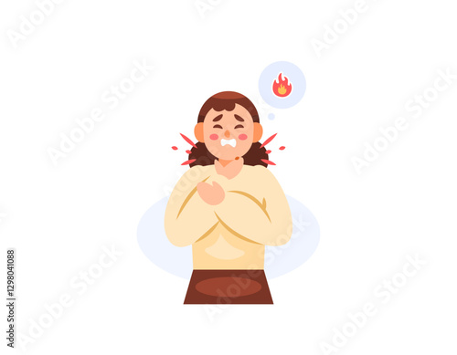 illustration of a woman who feels pain in her esophagus or throat. Heartburn. feeling pain and burning. gerd symptoms, inflammation. health problems. flat style character design. elements