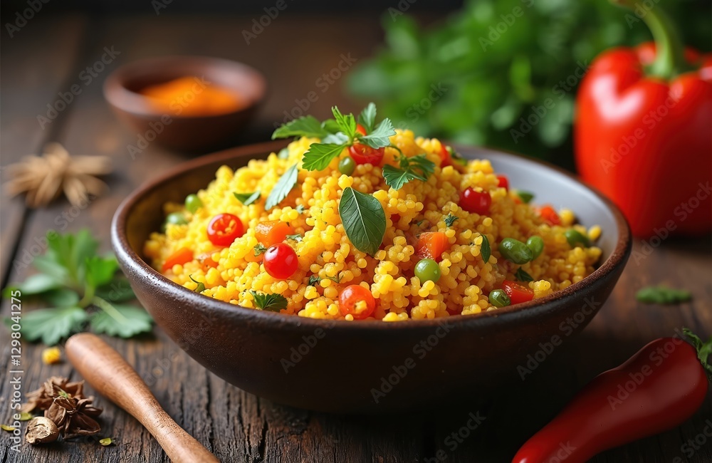 Couscous with vegetables herbs served in bowl on rustic wooden table. Traditional moroccan dish with carrot pepper peas, healthy vegetarian meal. Middle eastern cuisine dinner. Arabic cooked semolina Couscous with vegetables herbs served in bowl on rustic wooden table. Traditional moroccan dish with carrot pepper peas, healthy vegetarian meal. Middle eastern cuisine dinner. Arabic cooked semolina