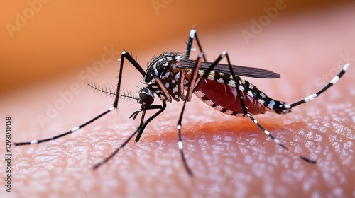 A meticulous mosquito clings to human skin, its body angled intriguingly as it faces right, poised for action with its elongated proboscis ready to probe