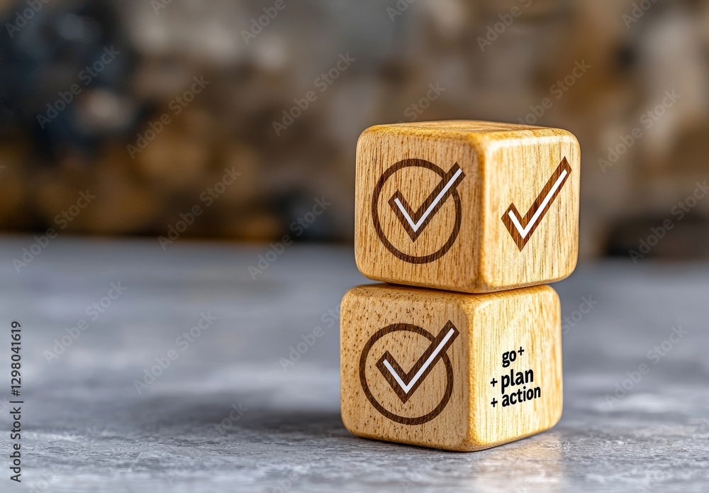 Two Wooden Cubes with Checkmarks Plan and Action on Gray Background Two Wooden Cubes with Checkmarks Plan and Action on Gray Background
