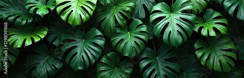 Lush green plants featuring Monstera plant leaves of various sizes in jungle setting. Green color foliage texture for eco wallpaper, exotic botanical art, nature background. Spring freshness concept.