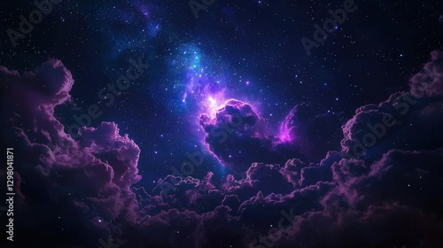 Night Clouds Starry nebula glows above dark billowing violet hued clouds