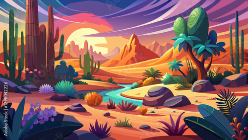 An enchanting picture showcasing surprising allure of desert, emphasizing intricate features of desert plants and vivid hues that arise