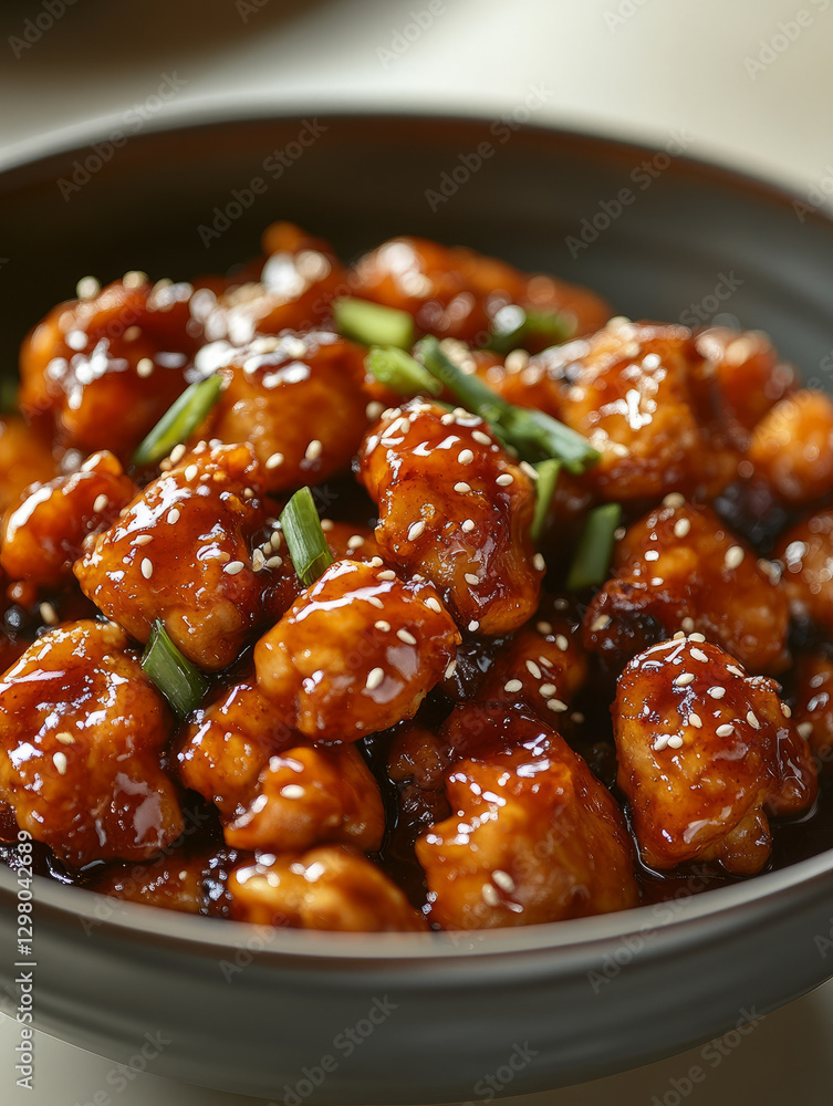 Sesame chicken in a bowl with green onions and sesame seeds. Sesame chicken in a bowl with green onions and sesame seeds.