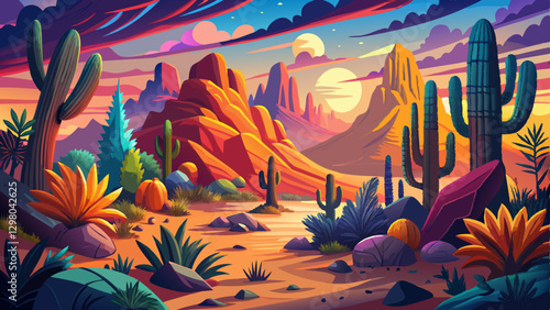 An enchanting picture showcasing surprising allure of desert, emphasizing intricate features of desert plants and vivid hues that arise
