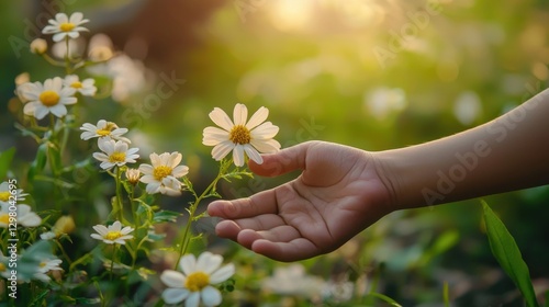 Wallpaper Mural Child's Hand Reaching for Flower in Bloom During Sunlit Moment Torontodigital.ca