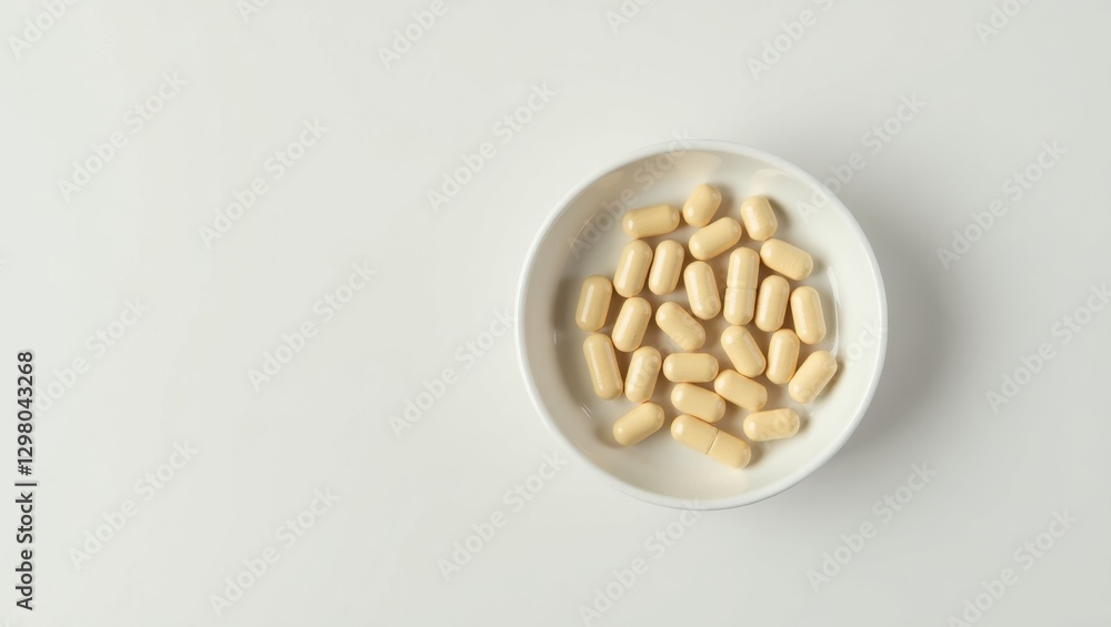 Thiamine Supplement. White plate is filled with pills on white surface Thiamine Supplement. White plate is filled with pills on white surface